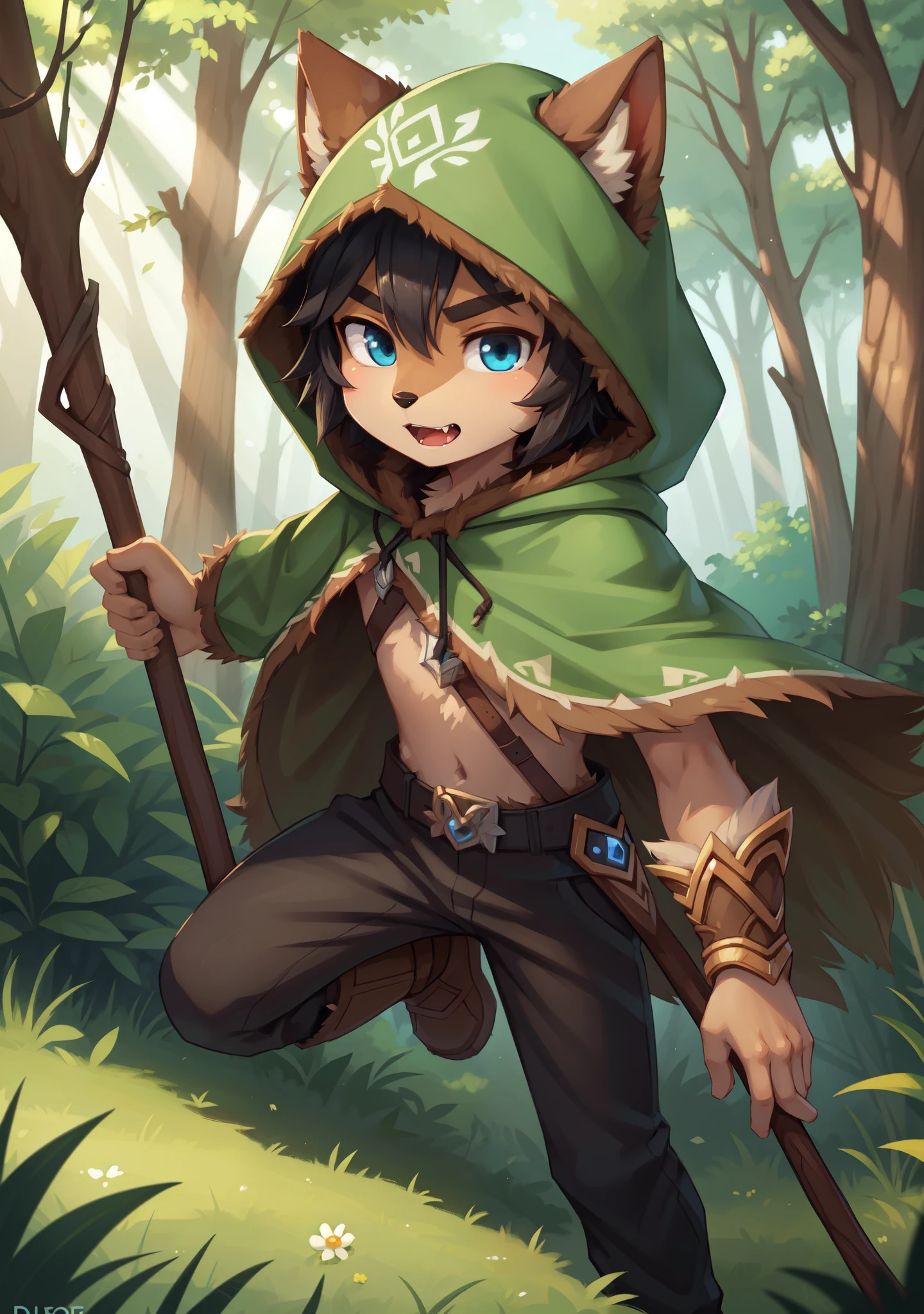 Furry shota, young, wolf, black hair, blue eyes, detailed body fur, ((brown druid hood, brown druid cape, green druid dress, black pants, druid bots)), masterpiece, looking at you, fangs, clear grey body fur, detailed face, big eyebrows, detailed eyes, detailed body, detailed body fur, detailed hands, flat body, glistering body, shiny body, skinny, sassy face, :3, forest, clear sky, full body, holding a druid staff, action pose,