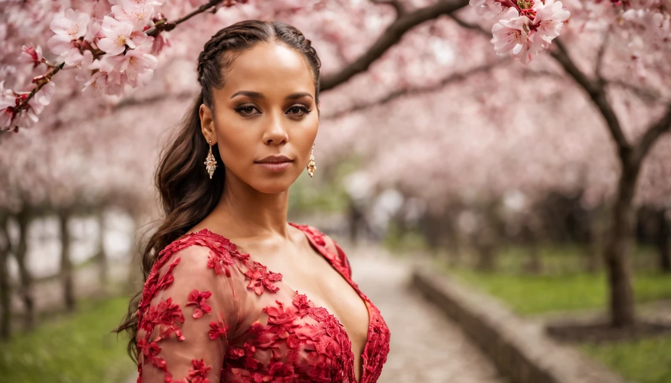 (fotografia de alta qualidade), beautiful young lady (Alicia Keys), (27 anos), long Red dress in pastel tones, o corpo cercado de flores de cerejeiras, standing and posing fantasy in cherry blossom garden, desfoque de profundidade, bokeh, 300 DPI, atmosfera encantadora, foto, 8k, dynamic action,