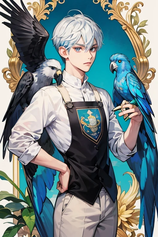 human Pierce from animal crossing. Pierce is a blue-bodied eagle with a white face, possibly based upon a male merlin. He has inquisitive, round eyes rimmed with black and a yellow beak with a black tip. He initially wears the circus shirt, which blends in with his appearance. He bears a slight resemblance to some parrots, like Frank.