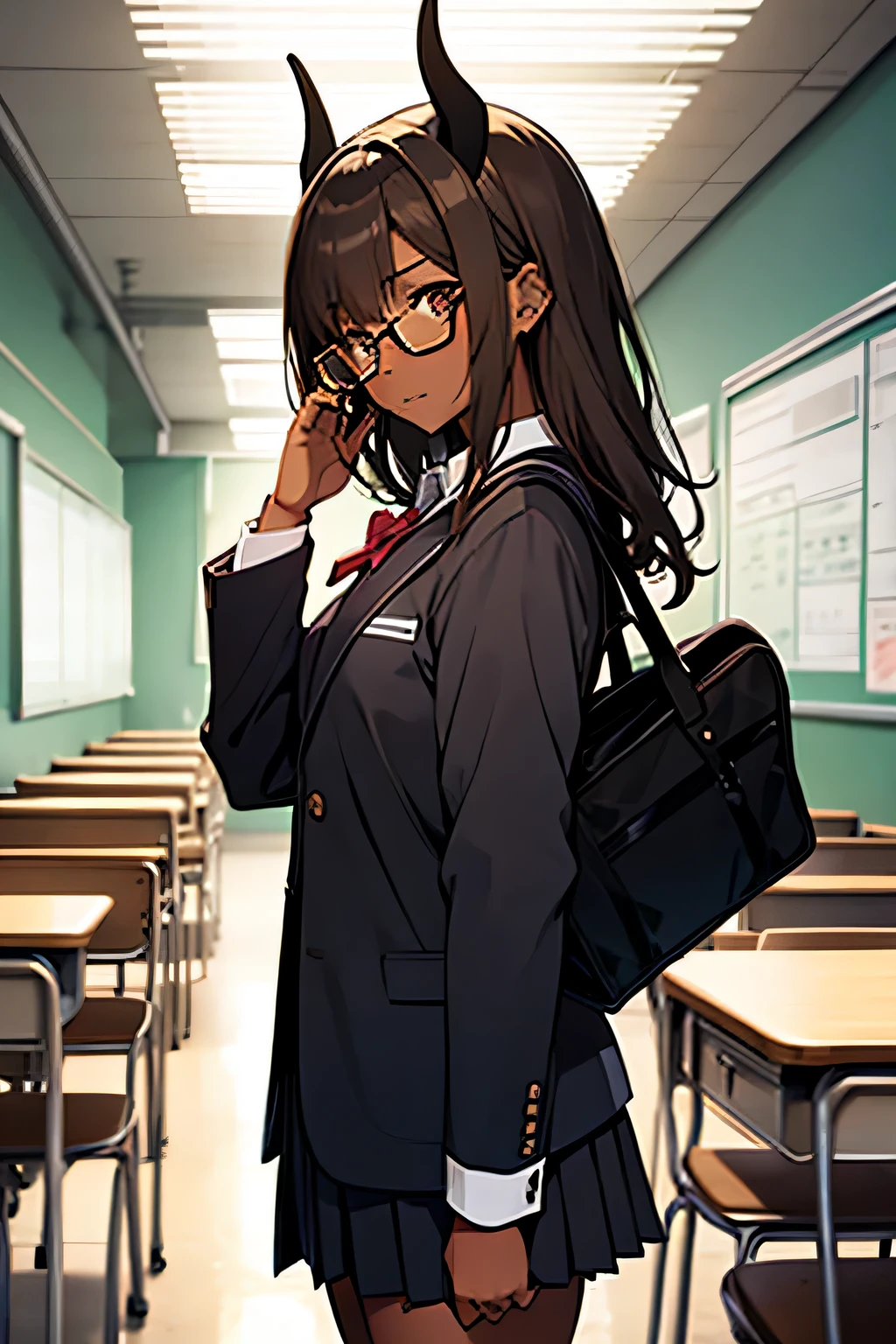 Female. , Solo, Goat Horns, Glasses, Dark Tan Skin, Short Brown Hair. School Uniform