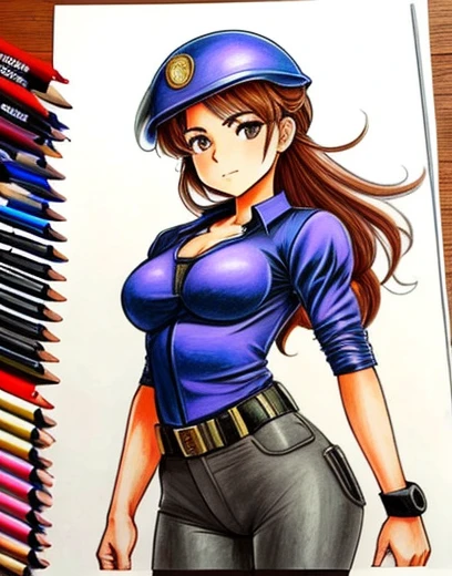 colored pencil drawing. Sketch. Mujer anime. Ropa militar ajustada. Sexy Athletic.