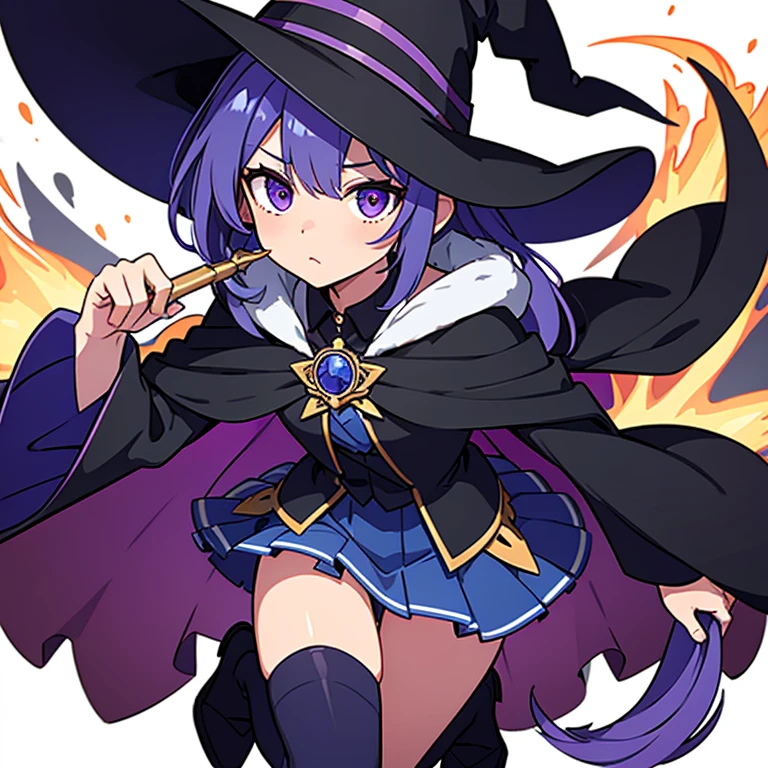 highest quality,wizard,girl,,dark blue witch hat,dark blue short cloak,mini skirt,Jewelry brooch on the chest,purple eyes,magic wand,Magic Effects