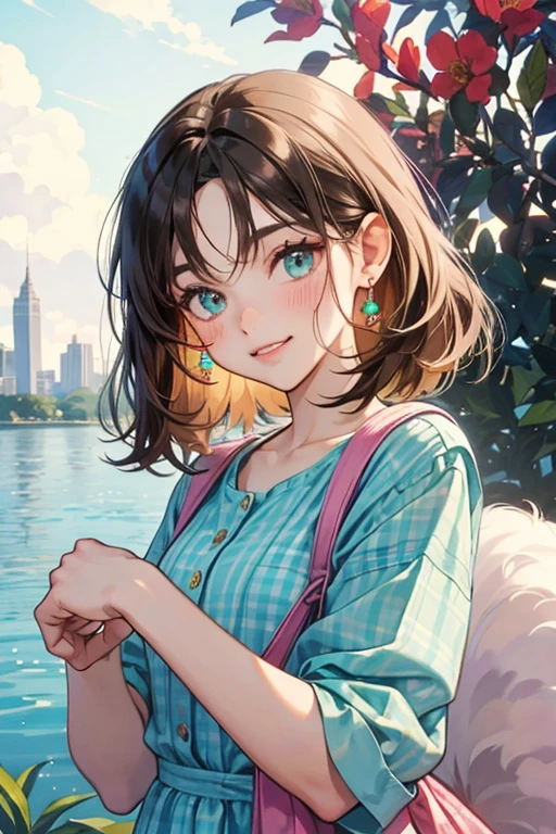 human Carmen from animal crossing. Carmen is a dark brown rabbit with a white face and white tipped paws, a tail, and a nose. Her eyes are small and black, giving off a smug side-eyed look. Her inner ears are a bright, aqua blue, and she has small, pink blush marks on her cheeks. She has a distinct gap in her teeth. There is a brown sweep of fur across her forehead that seems to imitate side-swept bangs. Her initial clothing is the blue retro shirt in City Folk, the mint gingham tee in New Leaf, and the plaid-print dress in New Horizons.