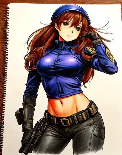 colored pencil drawing. Sketch. Mujer anime. Ropa militar ajustada. Sexy Athletic.