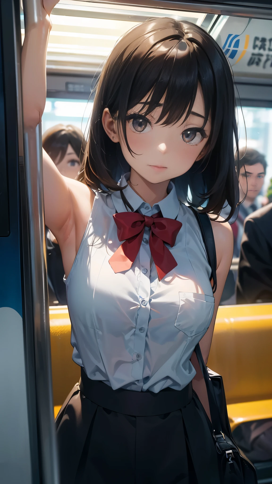 best picture quality, 8K, high quality, masterpiece:1.2), ((masterpiece)), (high detail, high quality, best picture quality), bokeh, DOF, Portrait, open stance, (cute illustration:1.2), A sleeveless female office worker holding on to the train's suspension leathers on a crowded subway train, her armpits fully visible, is being watched by middle-aged men who are unaware of her presence.