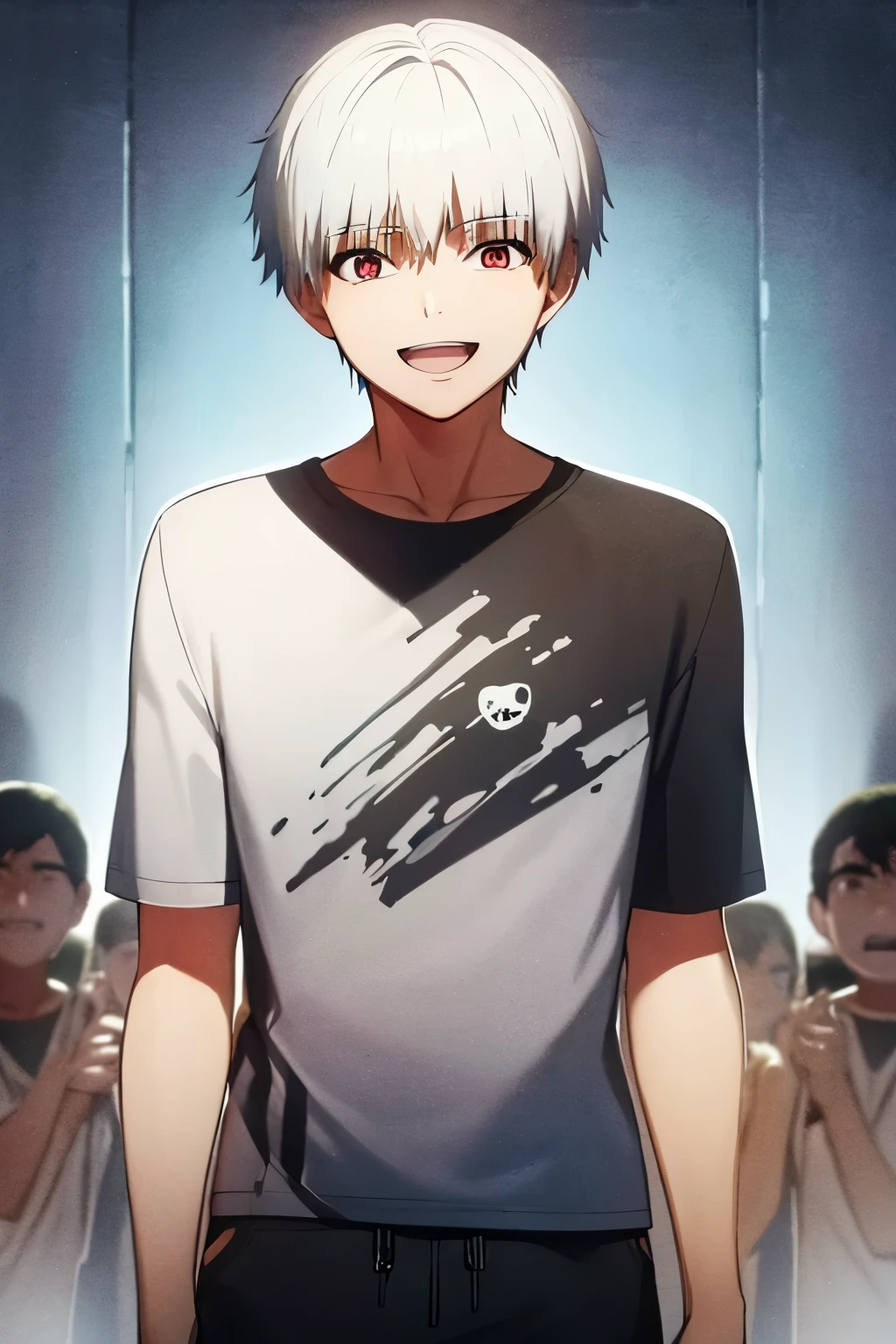 1 teenager boy, white hair, short hair, t-shirt, laughing, arms crossed in front, standing, black t-shirt with a white skull in the center, black, blue vermude, red eyes