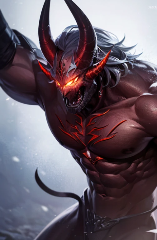 red horn,devilの角,silver hair,devil,black skin,Snow Man,monster,Mighty Fighter, chest exposed, Detailed muscular physique, realistic depiction, 4K resolution. background: Blizzard,32k uh, (((highest quality, masterpiece, Super detailed, advanced details)))