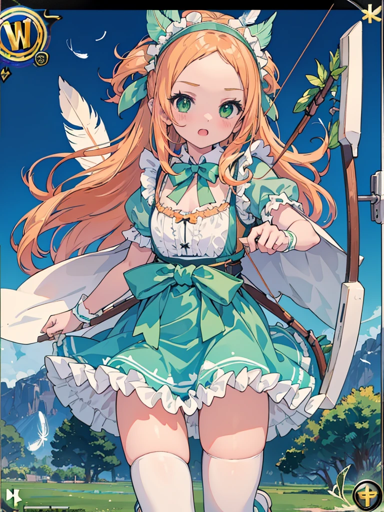 photo realistic, (masterpiece,best quality:1.4),(8k,raw photo,photo realistic:1.2),Not Safe for Work, detailed skin,detailed face,1girl,princess, cute face, super resolution,retro realistic details Illustration,,{{{elaborate,intricately,fantastic,delicately,tremendous,meticulous,minute,incredibly,obsessed,artisan's,subtle,virtuoso,skillful,vibrant, vivid, complex}}}, clearly focus edge, fresh natural gradation, best quality, amazing quality, very aesthetic, absurdres, pubisure, 
Break, 
(((prepare Big archery, Big archery and arrow))), (((Green dirndl))), mini frilled skirt, (((Forehead raise))), (frilled panties), serious expression, ((hairband)), ((Long hair)), ((light orange hair)), straight hair, shimmering eyes, Green eyes, , 12 yo, , cute, (((cape))), ((Blue the Bow)), Puffy Sleeves, shortsleeves, ((green bow ribbon)), (White frilled apron), flat chest, beautiful hands, neck ribbon, wrist cuffs, arm garter, baby face, twinkle in the eye, (((frilled overknee socks))),(((high tops))), ((ankle boots)), Heart necklace, ring, masterpiece, top-quality, not safe for work, 
BREAK, 
yumekawa,yumekawaii, pastel color,(wonderland:1.3),imagination, ((tornado)), ((feathers)), (((Fluttering feathers))), Wind, (Multicolored lights), (((trading card))),