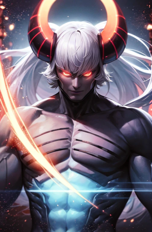red horn,devilの角,silver hair,devil,black skin,Snow Man,monster,Mighty Fighter, chest exposed, Detailed muscular physique, realistic depiction, 4K resolution. background: Blizzard,32k uh, (((highest quality, masterpiece, Super detailed, advanced details)))