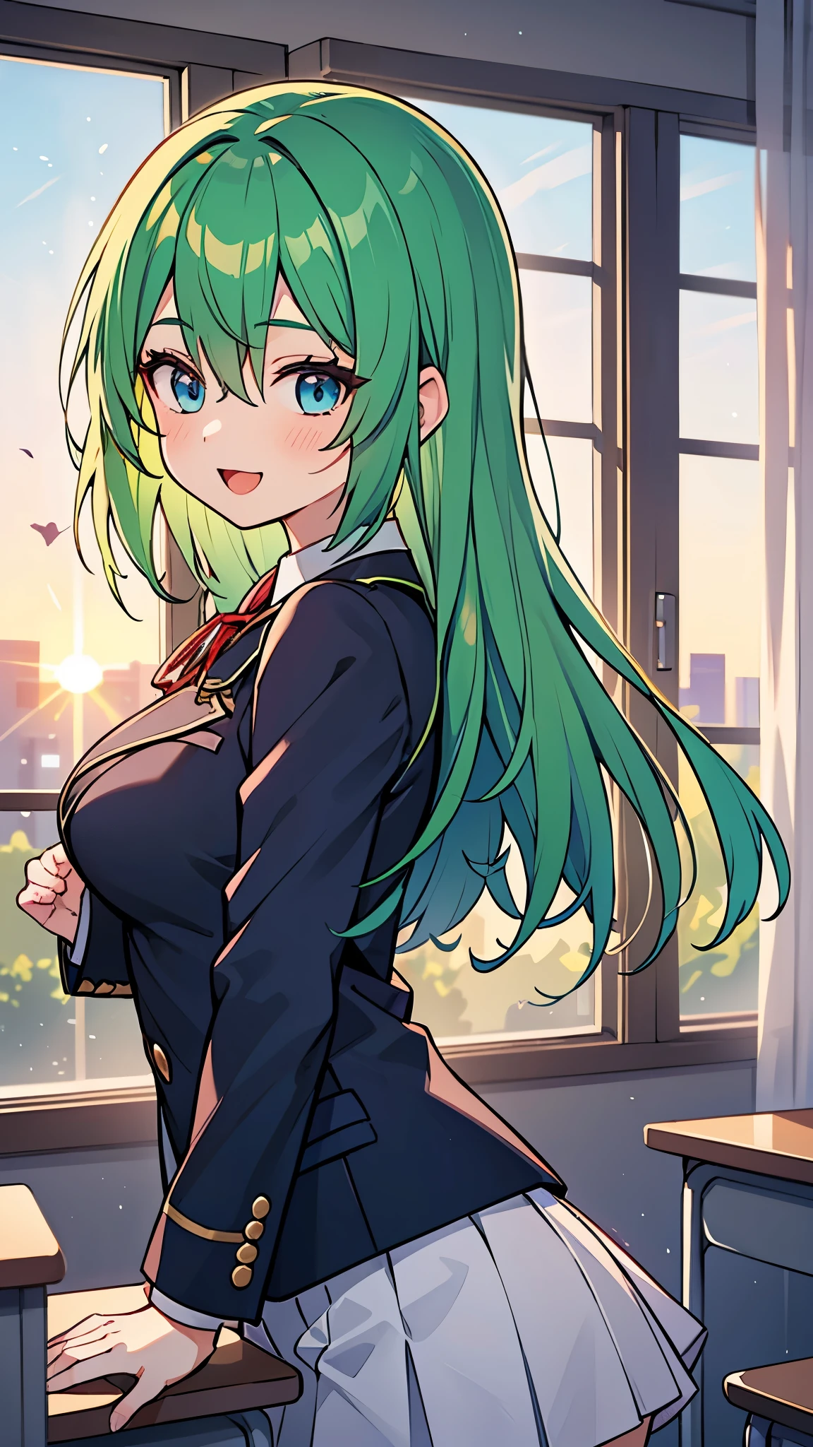 ((Pretty High School girl with green hair and blue eyes)), ((wearing black blazer uniform)), red ribbon, face, ((master piece, top-quality, ultra-definition, high resolution)), anime girl, ((ultra-detailed illust:1.2)), only one person, bangs, hair between eye, beautiful hair, Beautiful eyes, Medium breasts, Big smile, opened mouth, in the classroom, at dusk, sunset