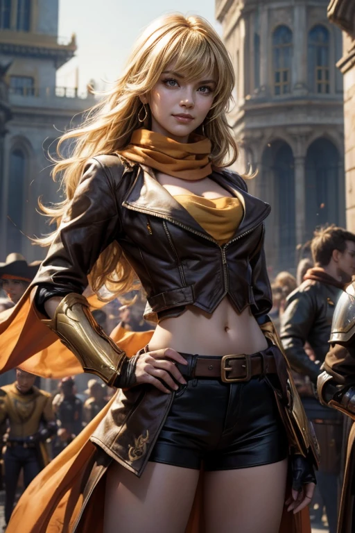 masterpiece, (standing:1.1), dynamic pose, heart shaped face, elegant face, beautiful face, highly detailed face, highly detailed skin, skin pores, subsurface scattering, realistic pupils, looking at viewer, full lips, depth of field, sharp focus, absurdres, realistic proportions, good anatomy, (realistic, hyperrealistic:1.4), 16k hdr,(masterpiece, best quality:1.2), cowboy shot, solo, 1girl, yang xiao long, grin, hand on hip, ahoge, purple eyes, brown jacket, yellow tube top, black shorts, black fingerless gloves, orange scarf, waist cape, midriff, cleavage, large breasts, standing in busy palace forecourt, crowds wearing suits of armour