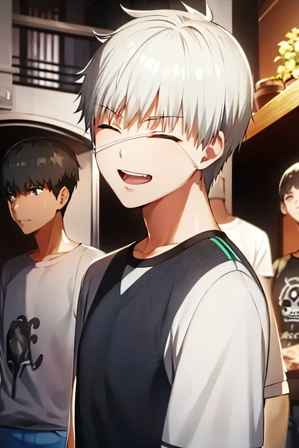 1 teenager boy, white hair, short hair, t-shirt, laughing, arms crossed in front, standing, black t-shirt with a white skull in the center, black, blue vermude, eyes closed