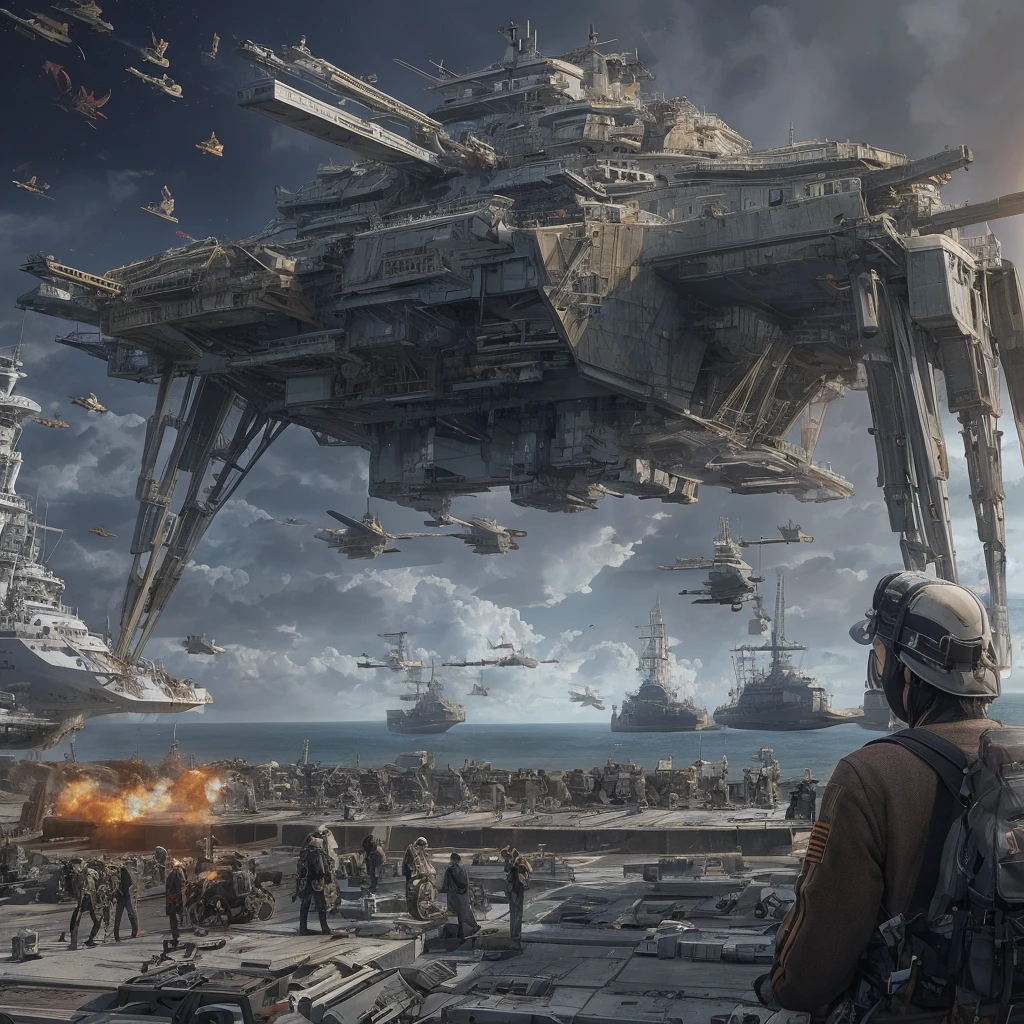 Ultra realistic 16K CG, masterpiece, Best Composition, Photo quality, work of art, Against the backdrop of an imperial star cruiser taking off, Detailed Imperial Star Super Dreadnought , side view, high detail, Lots of elements, flying transports, flying cargo ships, cranes, Manipulators. Sun rays, on the sides there are many detailed artillery batteries, The Distant Future, there are cyborgs and spider robots, a coastal fort is shelling a ship, landing is underway, Very beautiful legs, Photo quality