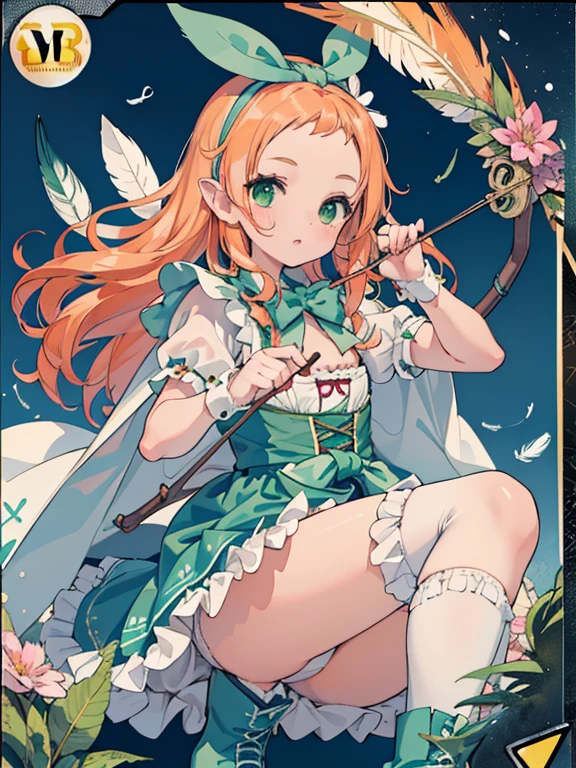 photo realistic, (masterpiece,best quality:1.4),(8k,raw photo,photo realistic:1.2),Not Safe for Work, detailed skin,detailed face,1girl,princess, cute face, super resolution,retro realistic details Illustration,,{{{elaborate,intricately,fantastic,delicately,tremendous,meticulous,minute,incredibly,obsessed,artisan's,subtle,virtuoso,skillful,vibrant, vivid, complex}}}, clearly focus edge, fresh natural gradation, best quality, amazing quality, very aesthetic, absurdres, pubisure,
Break,
(((prepare Big archery))), (((Green dirndl))), mini frilled skirt, (((Forehead raise))), (frilled panties), serious expression, ((hairband)), ((Long hair)), ((light orange hair)), straight hair, shimmering eyes, Green eyes, , 12 yo, , cute, (((cape))), ((Blue the Bow)), Puffy Sleeves, shortsleeves, ((green bow ribbon)), (White frilled apron), flat chest, beautiful hands, neck ribbon, wrist cuffs, arm garter, baby face, twinkle in the eye, (((frilled overknee socks))),(((high tops))), ((ankle boots)), Heart necklace, ring, masterpiece, top-quality, not safe for work,
BREAK,
yumekawa,yumekawaii, pastel color,(wonderland:1.3),imagination, ((tornado)), ((feathers)), (((Fluttering feathers))), Wind, (Multicolored lights), (((trading card))),