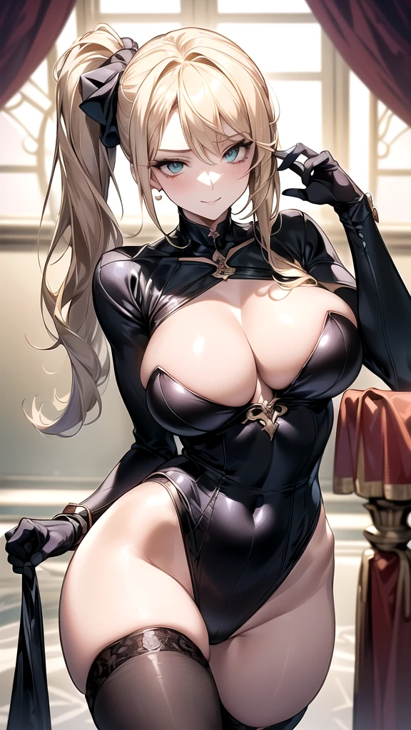 ((masterpiece, best quality, extremely detailed, absurdres)), ((high resolution)) ,((8k)), a beautiful woman, ((She is one of the most female spy.)), unparalleled beauty, ((large breasts:1.3)), ((large ass:1.1)), ((deep cleavage:1.2)), slim waist, chest out, ((ultra detailed face)), perfect skin, ((((waist length hair, blonde with side ponytail)))), green eyes, whole body image, sexy, an inviting smile, (((anime))), ((glamorous)), sexual attraction ,23 years old, ((incredibly beautiful woman)),  ((((provocative)))), ((The G cup bust)), ((((sexy pose)))), ((neat and clean.)),  ((((female spy)))), ((magic light)), Secret meeting, (((no wear a hat, no wear a cap))), ((no head accessory)), anime, bondage armor, mysterious,