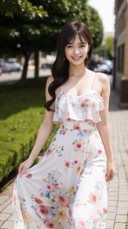 1 girl,smile,Floral Long Dress,sexy pose,highest quality,masterpiece,figure,very delicate and beautiful,cg,unity,8k wallpaper,wonderful,finely,masterpiece,official art,very detailed cg unity 8k wallpaper,incredibly absurd,huge file size,super detailed,High resolution,very detailed,beautiful detailed girl,realistic,full frontal,outdoor,contrast of light,