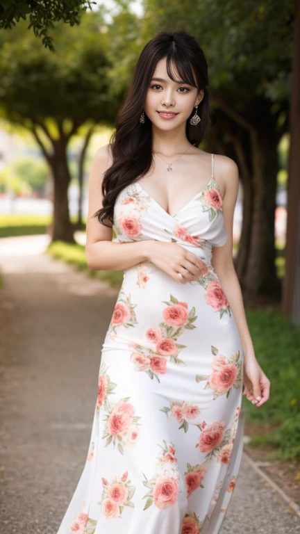 1 girl,smile,Floral Long Dress,sexy pose,highest quality,masterpiece,figure,very delicate and beautiful,cg,unity,8k wallpaper,wonderful,finely,masterpiece,official art,very detailed cg unity 8k wallpaper,incredibly absurd,huge file size,super detailed,High resolution,very detailed,beautiful detailed girl,realistic,full frontal,outdoor,contrast of light,