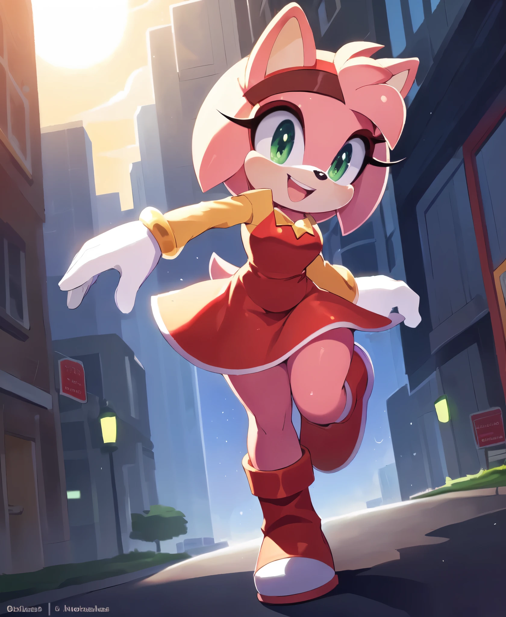 [Amy Rose], [sonic the hedgehog \(series\)], [Uploaded to e621.net; (Pixelsketcher), (wamudraws), (napalm_express)], ((masterpiece)), ((HD)), ((high quality)), ((solo portrait)), ((front view)), ((full body)), ((detailed fur)), ((detailed shading)), ((cel shading)), ((beautiful render art)), ((intricate details)), {anthro, (slim figure), (pink fur), black nose, animal ears, cute green eyes, short hair, headband, short tail, (gorgeous hips), (beautiful legs), (excited smile), (mouth open)}, {(short red dress white lining), (red knee-high boots), (white stripes on boots)}, {(standing), (arms behind back), (pigeon-toed), (looking at viewer)}, [background; (city), (blue sky), (sun rays)]