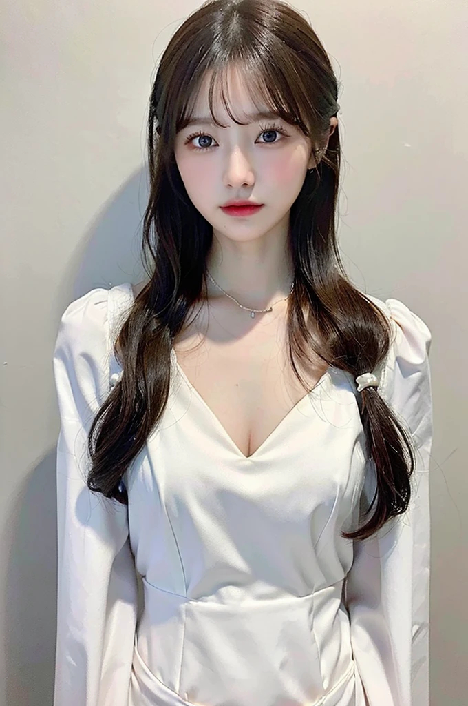 (masterpiece:1.3), (8K, Photoreal, Raw photo, best image quality: 1.4), Japanese high school girl、(random hairstyle:1.2)、cleavage:1.2、super detail face、eye for details、double eyelid、chest to chest、sharp focus:1.2、Beautiful woman:1.4、light brown hair、highest quality、masterpiece、Super high resolution、(Photoreal:1.4)、Highly detailed and professional、white blouse、pearl necklace、thin、serious expression、deadly position、sexy dress、、