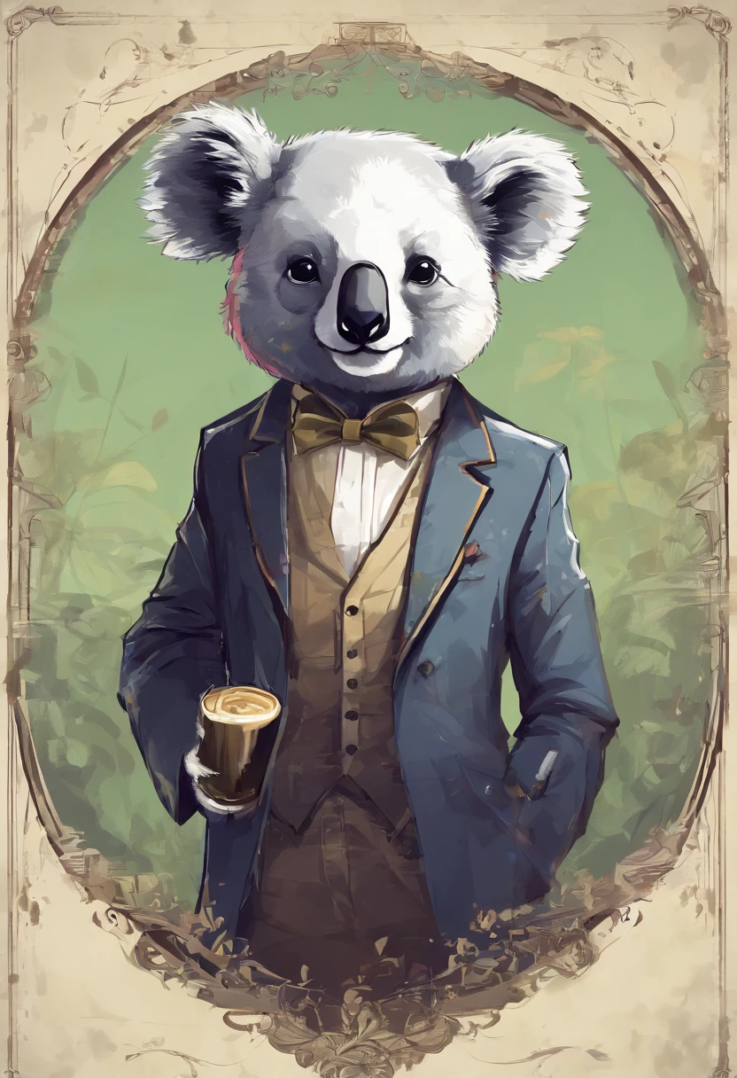 anthropomorphic koala, de cuerpo entero, vestido formalmente con un blazer, sostiene una bandeja, pegatina de panda, sticker de panda.