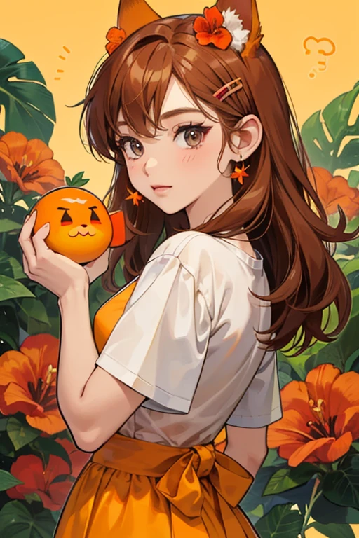 human Faith from animal crossing. Faith is an orange koala with a tan face and paws. She has dark reddish-brown hair in bangs, rectangular black eyes, white inner ear fur, a reddish-brown rectangular nose, and orange cheeks. She wears a yellow Hibiscus hairpin tucked behind her right ear. Her initial shirt is the Red Hula Top, like all female islanders.