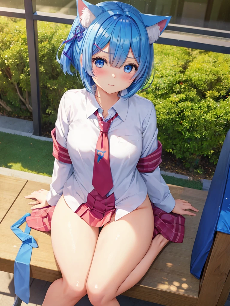 Rem,Re:zero,blue hair,short hair,blue eyes,Cat ear,((机の上にsitting，legs open)) (sitting) 机の上にsitting (Erotic costume with tie) beautiful detailed girl, very detailed eyes and face, beautiful and fine eyes, incredibly ridiculous resolution, Super detailed, High resolution, very detailed, highest quality, masterpiece, Kemomimi, ((Furry Japanese girls&#39; high school uniform，without pants)), 1 visible cat, 1 cat, I can see the vagina, figure, very detailed, cg, unified, 8k wallpaper, wonderful, small details, masterpiece, highest quality, very detailed cg uniform 8k wallpaper, bright face, cinematic lighting, 1 girl, , ((No panties)), (机の上にsitting，legs open), at school