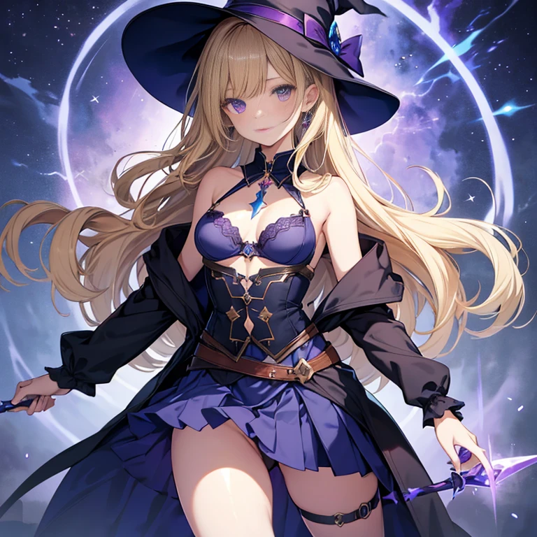 highest quality,wizard,girl,,dark blue witch hat,dark blue short cloak,mini skirt,flat chest,Her chest is open and her bra is visible.,panties are visible,Jewelry brooch on the chest,blonde,purple eyes,magic wand,Magic Effects