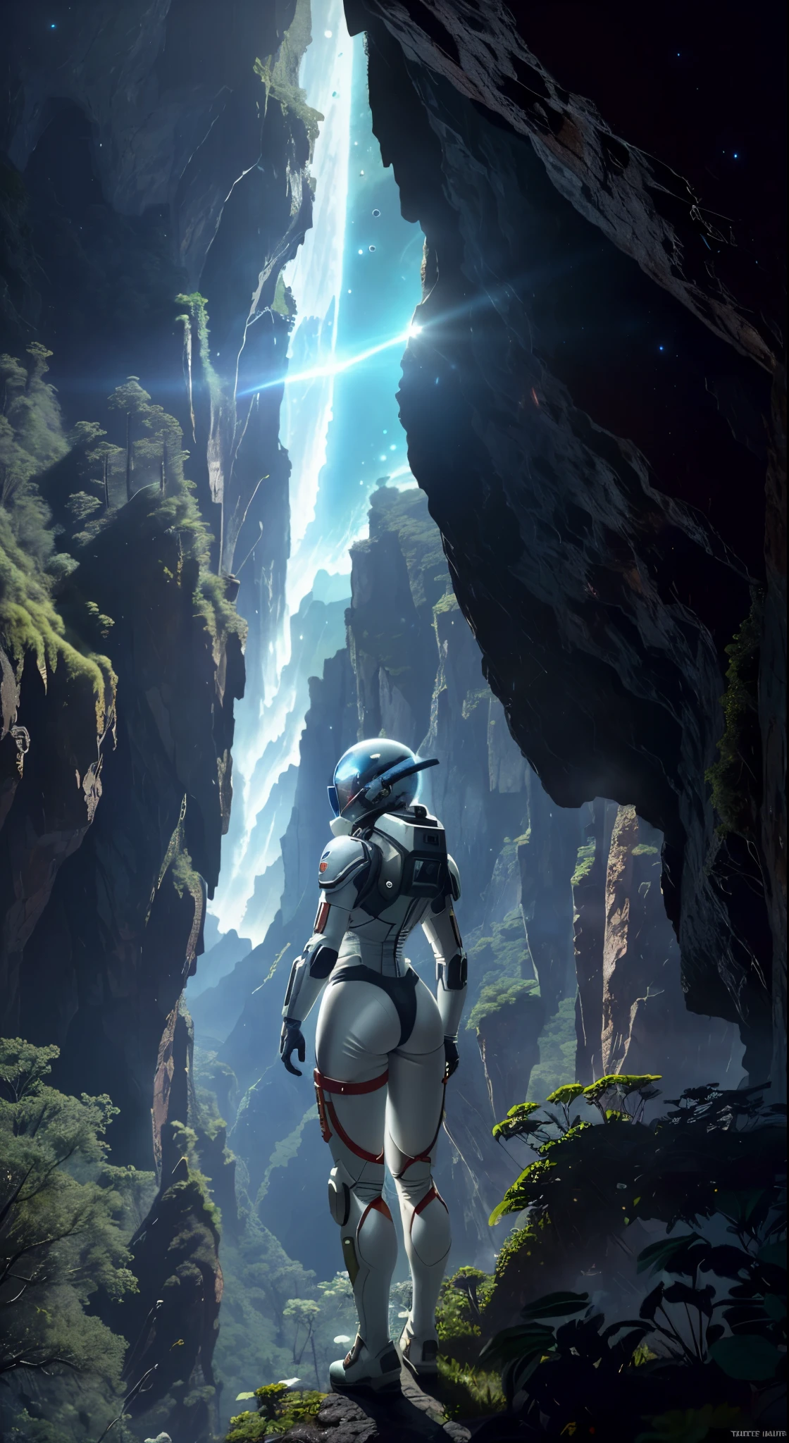 (35mmstyle:1.2), Highly detailed RAW color Photo, Rear Angle, Full Body, of (female space marine, wearing white and red space suit, futuristic helmet, tined face shield, rebreather, accentuated booty), outdoors, (standing on Precipice of tall rocky mountain, looking out at magical lush green rain forest on alien planet), vivid detail, (exotic alien planet), toned body, big butt, (sci-fi), (mountains:1.1), (lush green vegetation), (two moons in sky:0.8), (highly detailed, hyperdetailed, intricate), (lens flare:0.7), (bloom:0.7), particle effects, raytracing, cinematic lighting, shallow depth of field, photographed on a Sony a9 II, 35mm wide angle lens, sharp focus, cinematic film still from Gravity 2013, viewed from behind, dynamic angle