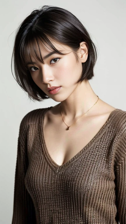 (highest quality, 8K, 32K, masterpiece, UHD:1.2),Photos of cute Japanese women, big breasts, very short bob hair,Upper body,face focus,extra large size_sweater, necklace, simple background, From above, looking at the viewer,