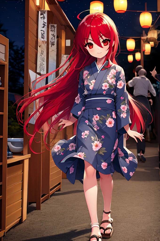 1 girl, cowboy shot, (combat readiness:1.2), (night:1.2), Shana, red eyes, redhead, very long hair, hair between eyes, (Ahoge:1.1),flower hair ornament ,tying back hair , highest quality, masterpiece, High resolution, Floral pattern white yukata,long skirt,Zori sandals,walking,Long-haired girl in yukata enjoying the festival，japanese festival，Summer Festival Stalls、Red lantern,night,