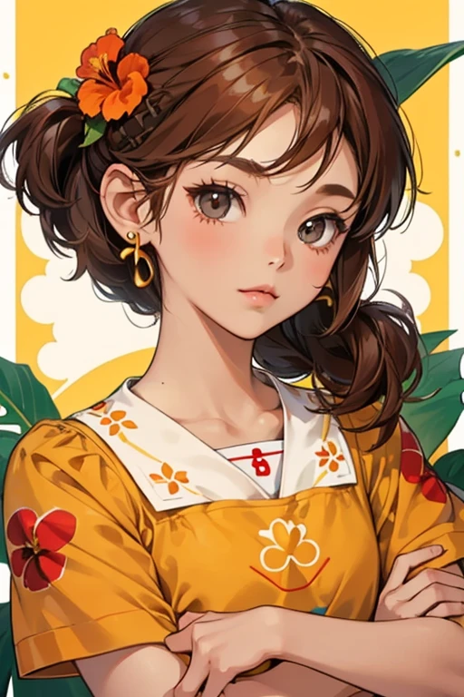human Faith from animal crossing. Faith has a tan face and paws. She has dark reddish-brown hair in bangs, rectangular black eyes, and orange cheeks. She wears a yellow Hibiscus hairpin tucked behind her right ear. Her initial shirt is the Red Hula Top, like all female islanders.