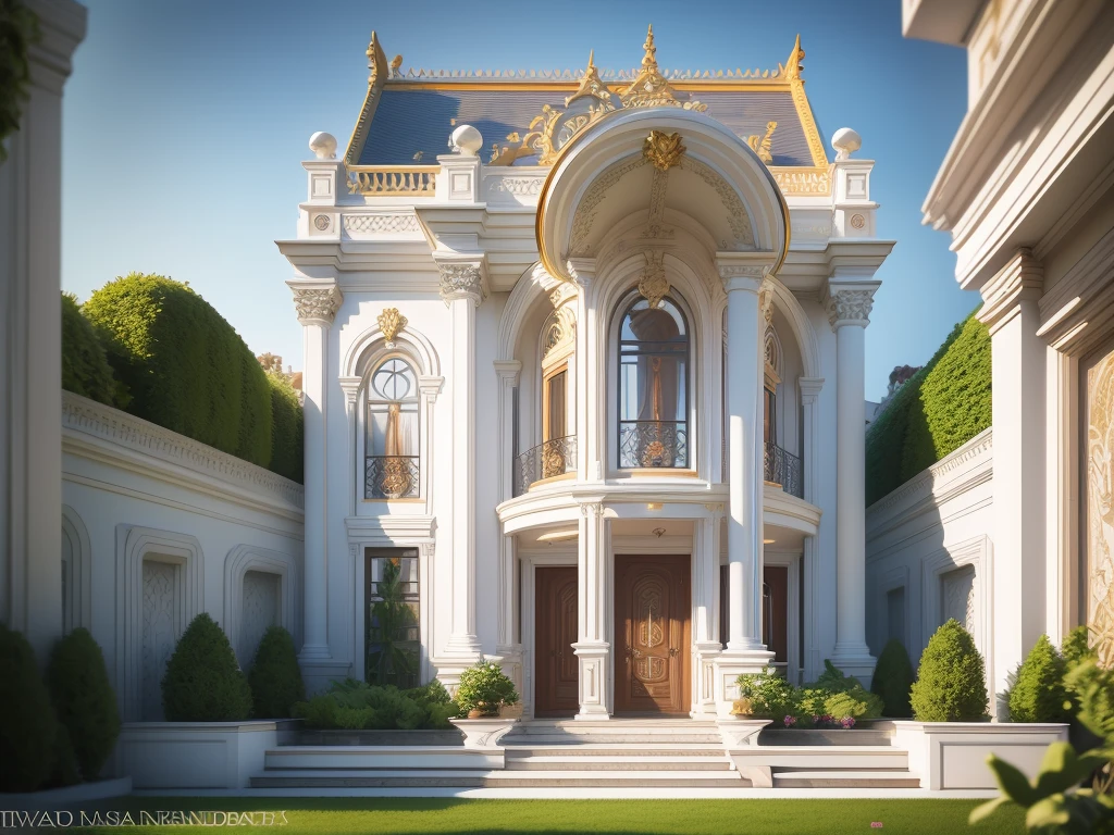 Garden villa, with swimming pool, garden in neoclassical styleClassical style, masterpiece, surreal, rendered by Vray 2023, Vantage, rendered 8k, 16k, ultra HD, iron patterned railings, doors and Wooden windows, Natural light, cloudy, daylight, fence around the house, 16K
