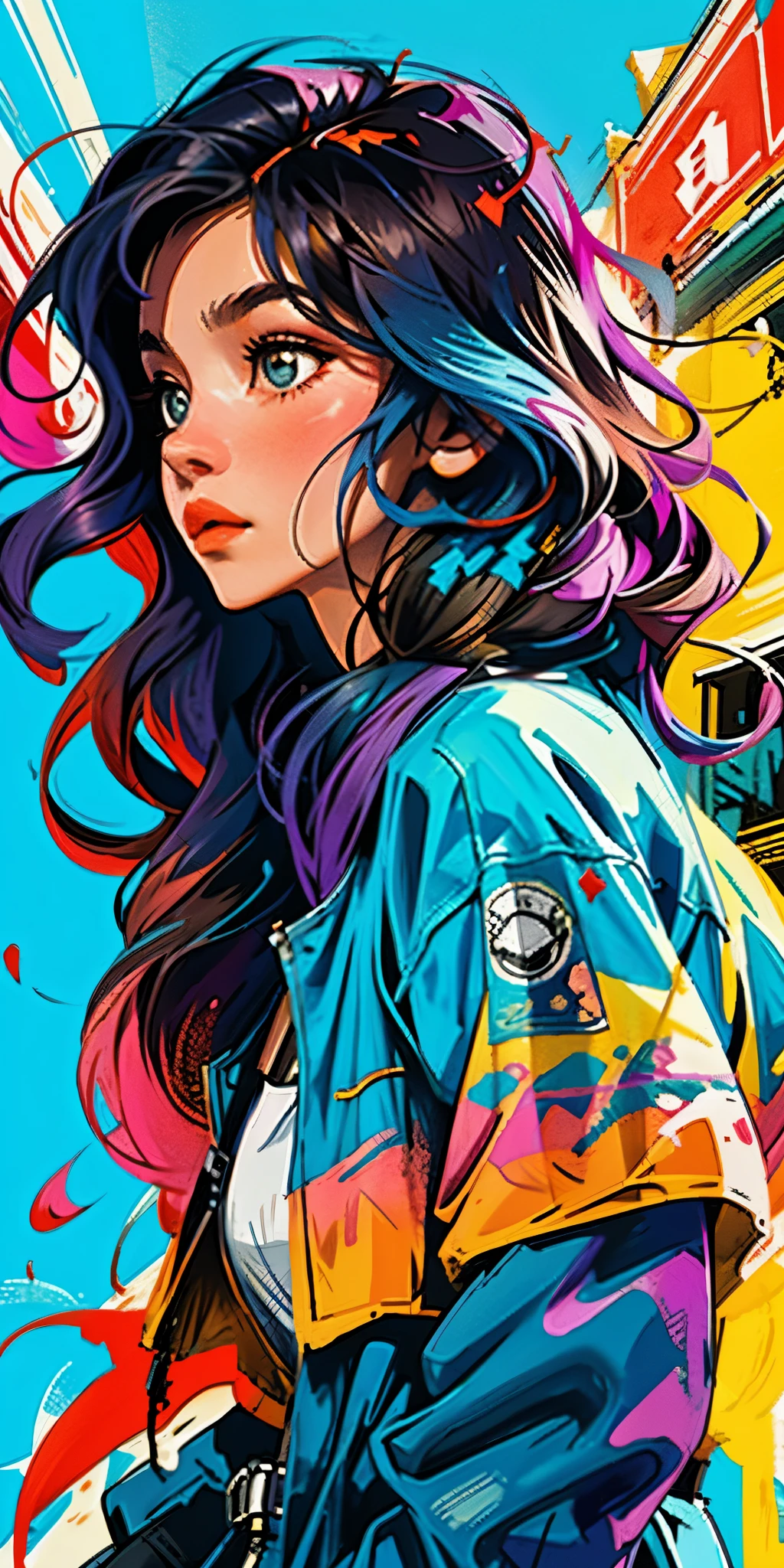 Vibrant colors, flou artistique, light leaks, Ambiance onirique, experimental charm, attrait nostalgique BREAK color field painting, Large expanses of colour, expressionnisme abstrait, audacieux teintes, emotional impact, atmospheric depth, approche minimaliste BREAK, Une belle fille, UHD (ultra details) Regarder le spectateur en tenue de ville de style hip-hop, different, colourfull, long, Highly colored hair 🌈, dark garments, White stardust on dark parts, absurdes, high resolucion, Ultra detailded, (1fille : 1.3), Vibrant colors, flou artistique, light leaks, Ambiance onirique,