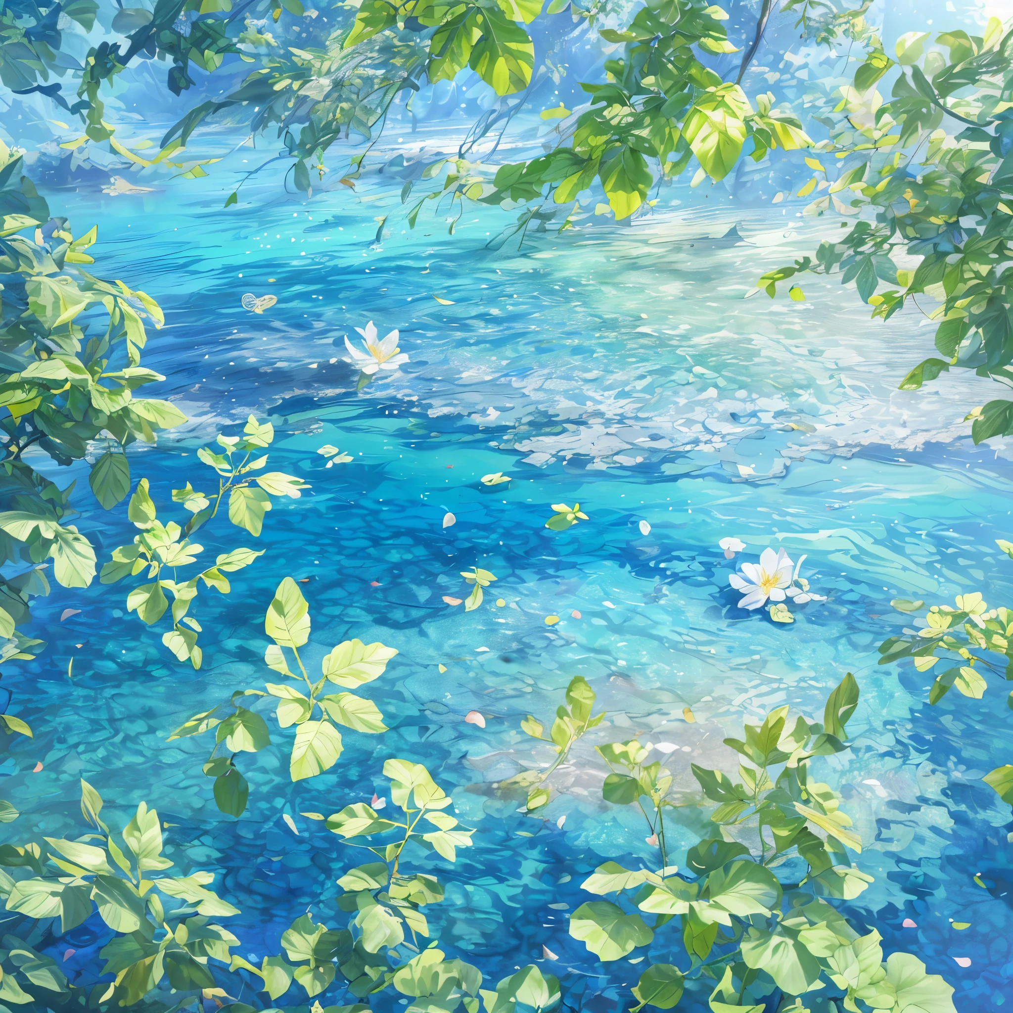 (best quality,4k,8k,highres,masterpiece:1.2), ultra-detailed, (photorealistic:1.37), (CG:1.1) (best quality) of a natural, blue sea with delicately colored tree leaves and flower petals falling in the air, light tracing, ultra-detailed, (best shadows) and (illustrations).