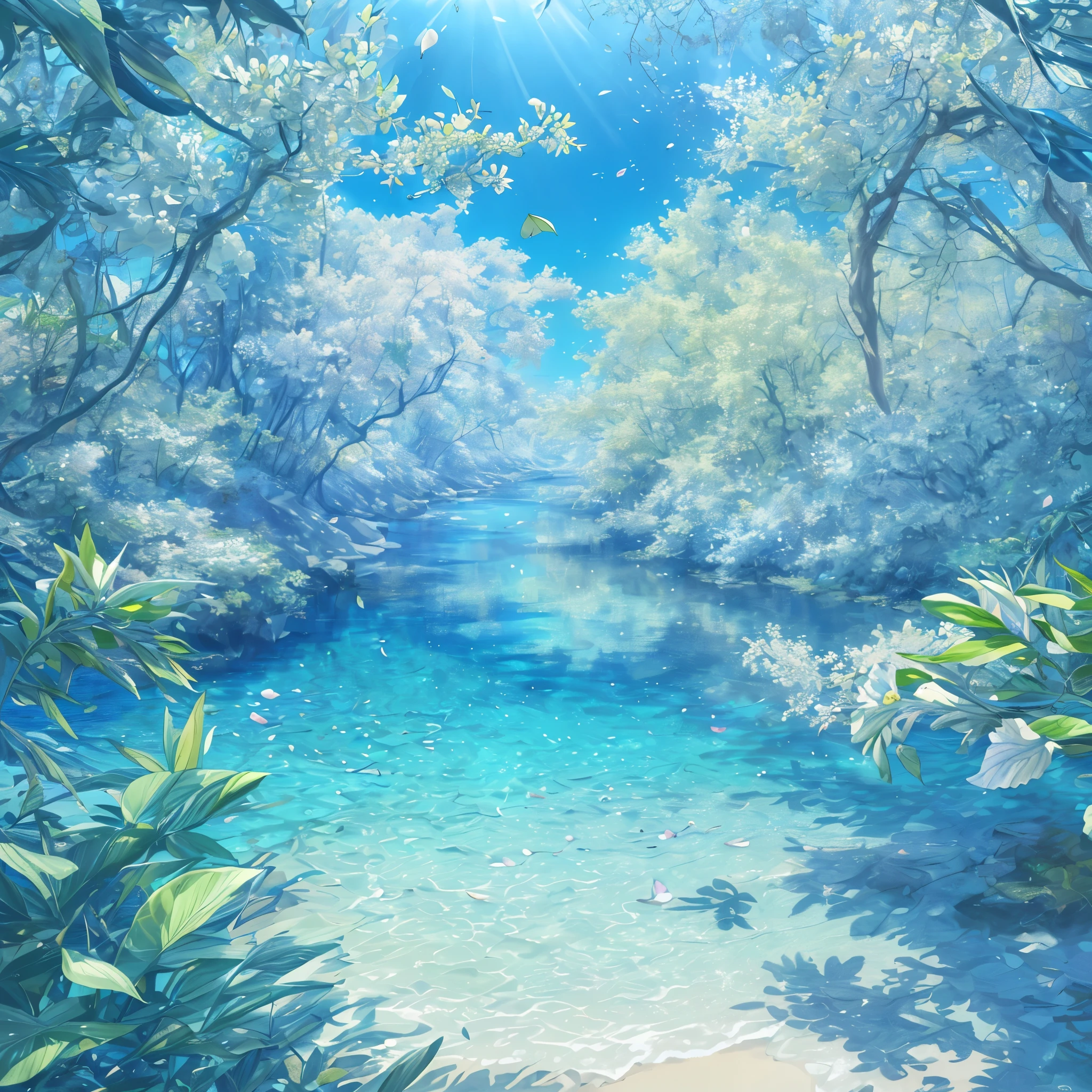 (best quality,4k,8k,highres,masterpiece:1.2), ultra-detailed, (photorealistic:1.37), (CG:1.1) (best quality) of a natural, blue sea with delicately colored tree leaves and flower petals falling in the air, light tracing, ultra-detailed, (best shadows) and (illustrations).