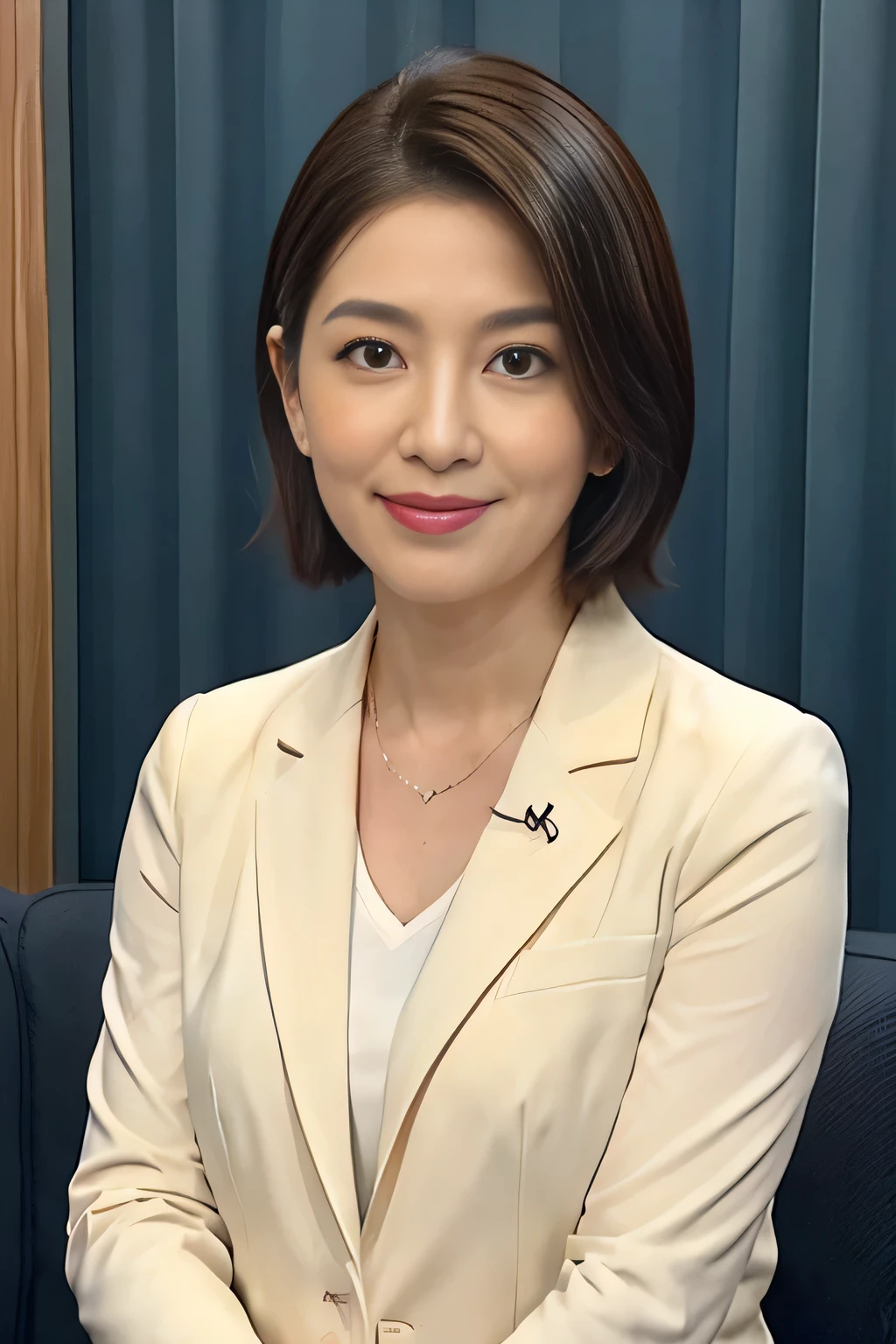 best image quality、ultra high resolution、1 female、beautiful features、short hair、Long-sleeved announcer in a tight suit、Sit in the studio、Middle-aged and elderly,Crow's feet in the corners of the eyes