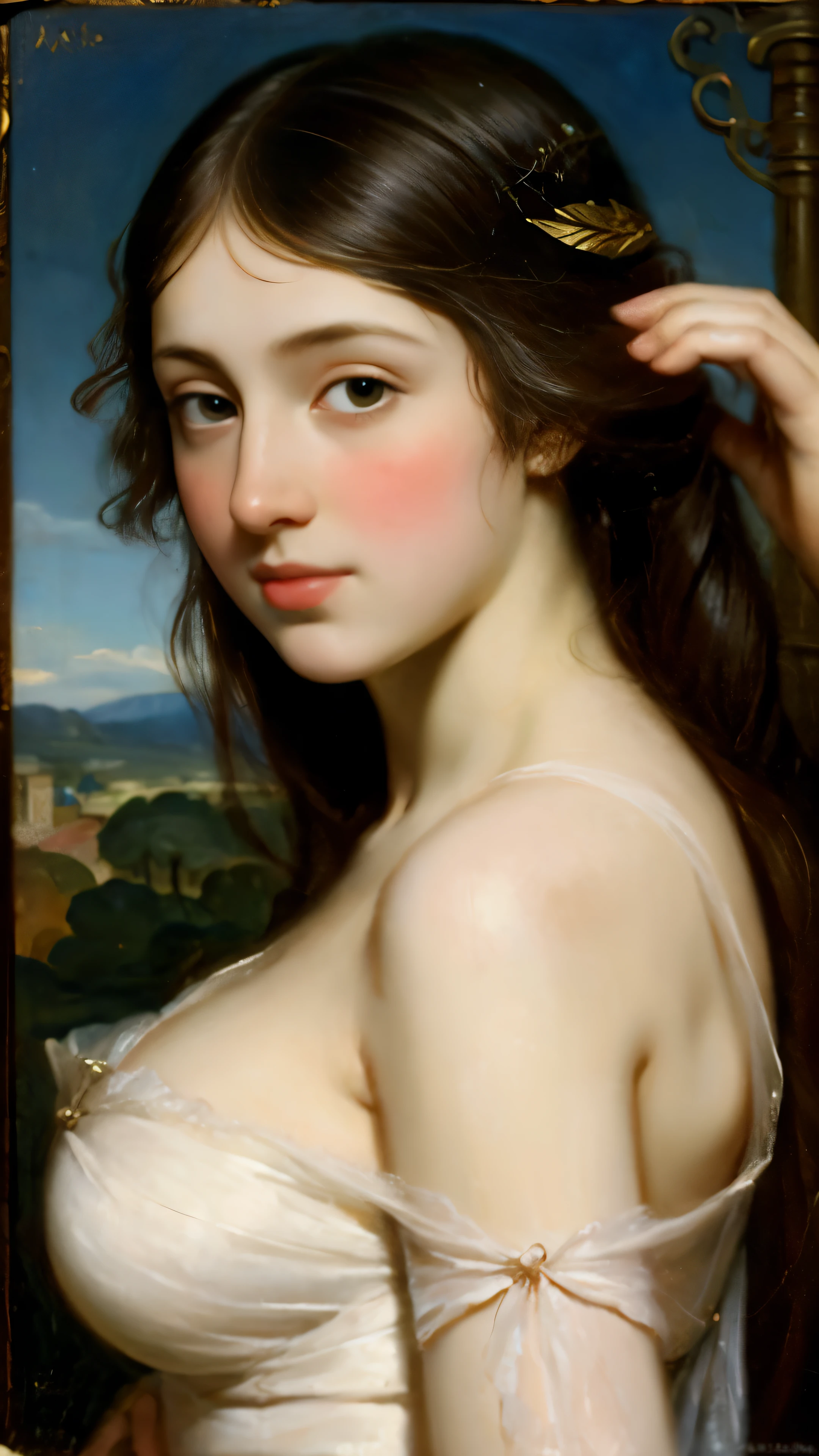 Classical art portrait painting of enticing with a feather, (Academic Art:1.4), Eugene De Blaas, John William Godward, Bouguereau