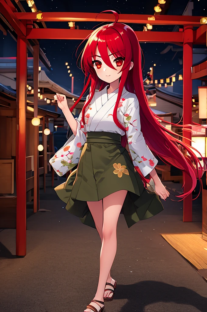 1 girl, cowboy shot, (combat readiness:1.2), (night:1.2), Shana, red eyes, redhead, very long hair, hair between eyes, (Ahoge:1.1),flower hair ornament ,tying back hair , highest quality, masterpiece, High resolution, Floral pattern white yukata,long skirt,Zori sandals,walking,Long-haired girl in yukata enjoying the festival，japanese festival，Summer Festival Stalls、Red lantern,night,