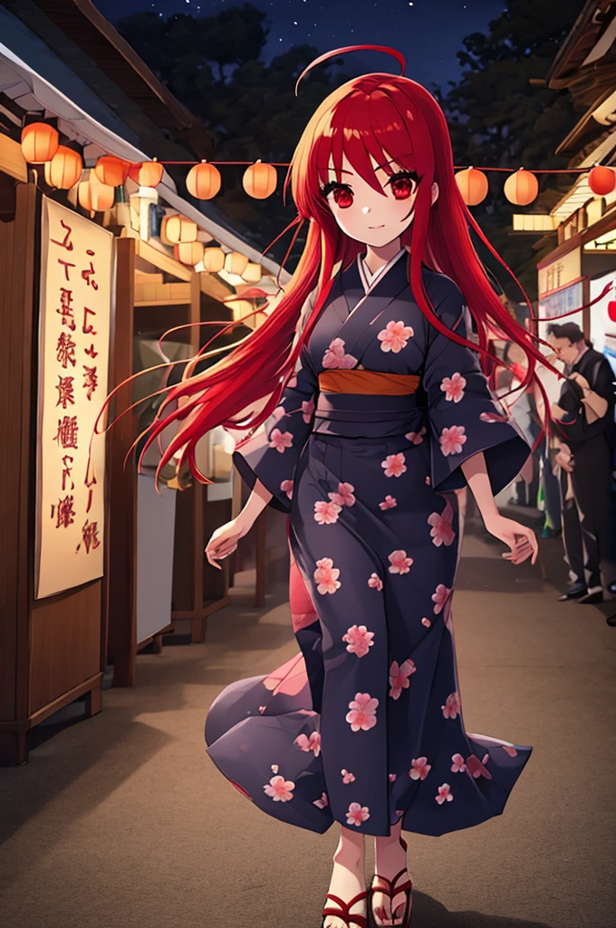 1 girl, cowboy shot, (combat readiness:1.2), (night:1.2), Shana, red eyes, redhead, very long hair, hair between eyes, (Ahoge:1.1),flower hair ornament ,tying back hair , highest quality, masterpiece, High resolution, Floral pattern white yukata,long skirt,Zori sandals,walking,Long-haired girl in yukata enjoying the festival，japanese festival，Summer Festival Stalls、Red lantern,night,