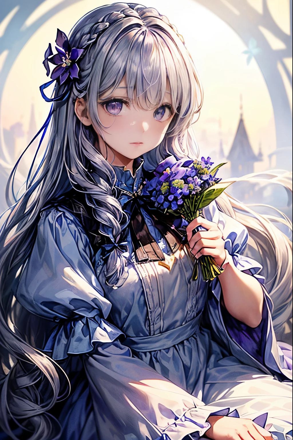 (overlooking)、dynamic angle、Super detailed、An illustration、Close-up、real face、1 girl、(fantasy:1.4)、((Purple eye))、Her eyes shone like dreamy stars、(glowing eyes:1.233)、 (Beautiful and dense eyes:1.1)、(silver hair:1.14)、(messy hair、Very Longhair、french braid、hair between eyes、side hair)、((Blue Hair Flower:1.14))、(Chiffon dress、blue flower uniform pattern）