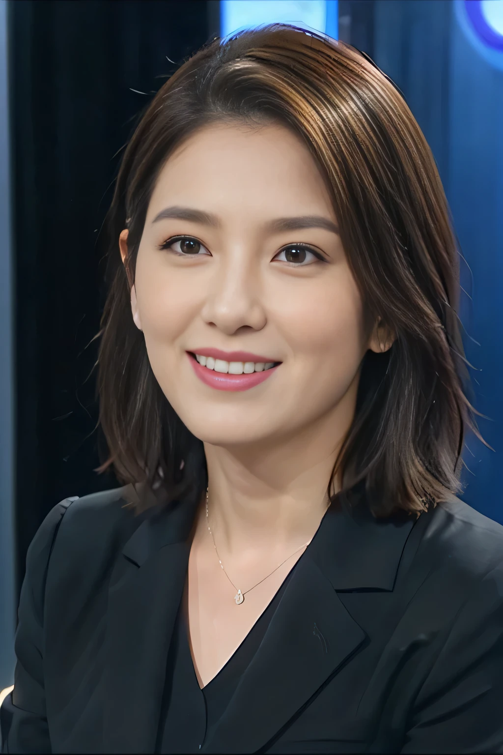 best image quality、ultra high resolution、1 female、beautiful features、short hair､Long-sleeved announcer in a tight suit、Sit in the studio、Middle-aged and elderly，Crow's feet in the corners of the eyes