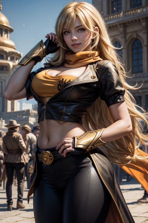 NSFW、top-quality、Top image quality、8K picture quality、girl with、1 persons、full body Esbian、blonde hair、Short、brown cowboy hat、A smile、Embarrassing、red blush、Blue eyes、Slightly sagging eyes、((Yellow scarf around the neck))、Colossal tits、(Dark blue latex)、High Neck Leotard High Leg、Beautiful thighs、(Black latex)、knee high、(Brown enamel)、long boots、(pin heels)、White enamel gloves、((Gun belt at waist))、Riding at the station、Wasteland、