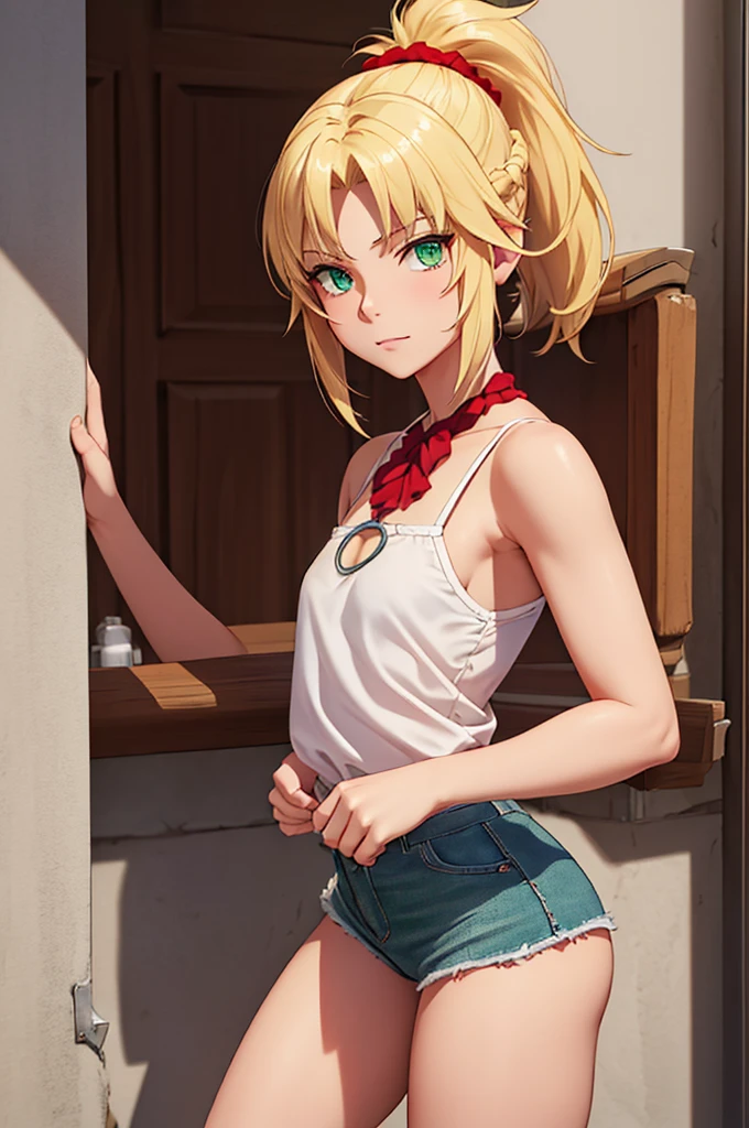 1 girl, fgomordred, modred, (green eyes:1.5), blonde hair, ponytail, short hair, scrunchie, red scrunchie, hair scrunchie, (small chest:1.2), BREAK blonde hair, white camisole,camisole, stading, BREAK looking at viewer, BREAK bedroom, BREAK (masterpiece:1.2), best quality, high resolution , unity 8k wallpaper, (artwork: 0.8), (beautiful detailed eyes: 1.6), extremely detailed face, perfect lighting, extremely detailed CG (perfect hands, perfect anatomy),camisole