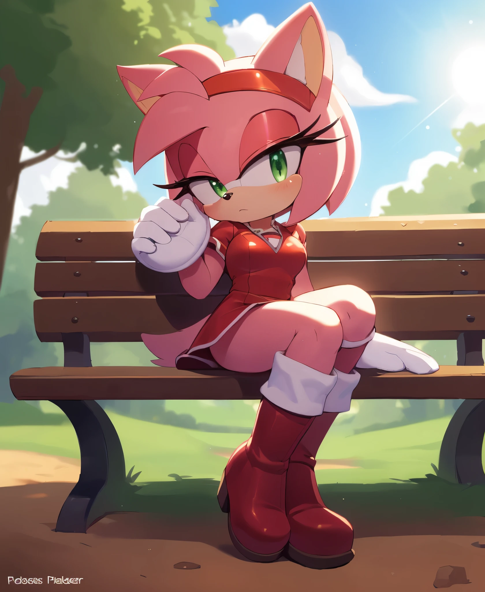 [Amy Rose], [sonic the hedgehog \(series\)], [Uploaded to e621.net; (Pixelsketcher), (twistedterra), (napalm_express)], ((masterpiece)), ((solo portrait)), ((front view)), ((full body)), ((detailed fur)), ((detailed shading)), ((beautiful render art)), ((intricate details)), {anthro, (pink fur), black nose, animal ears, cute green eyes, short hair, headband, short tail, (beautiful legs), (expressionless), (pouting)}, {(short red dress), (red knee-high boots), (white stripes on boots)}, {(sitting on bench), (legs crossed), (head resting on hand), (upskirt white panties), (looking at viewer)}, [background; (park), (dirt pathway), (blue sky), (sun rays)]