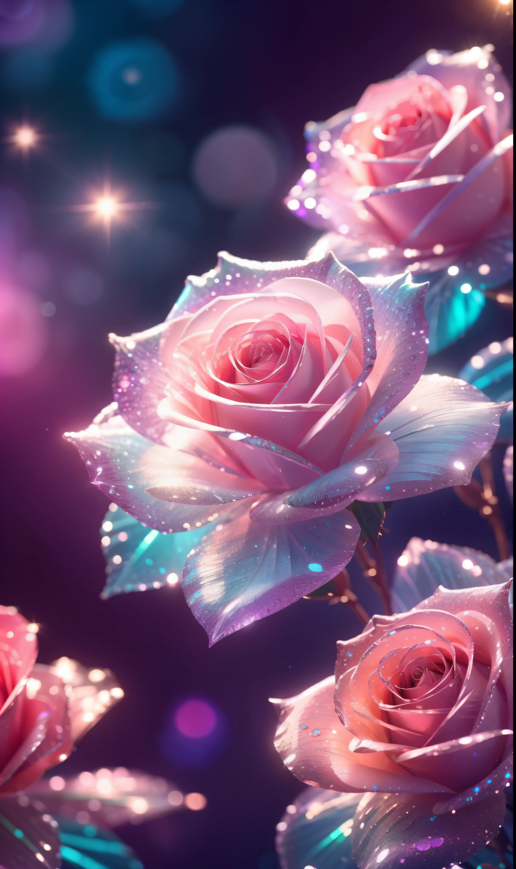 Crystal fantasy, Roses, Full-color,  toe-up, countless crystal feathers flutter in the air,
fantasy, galaxy, transparent, shallow depth of field, jade bokeh, sparkling, sparkling, stunning, colourful,
Magical Photography, Dramatic Lighting, photo realism, Ultra Detail, 4K, DOF, High Resolution