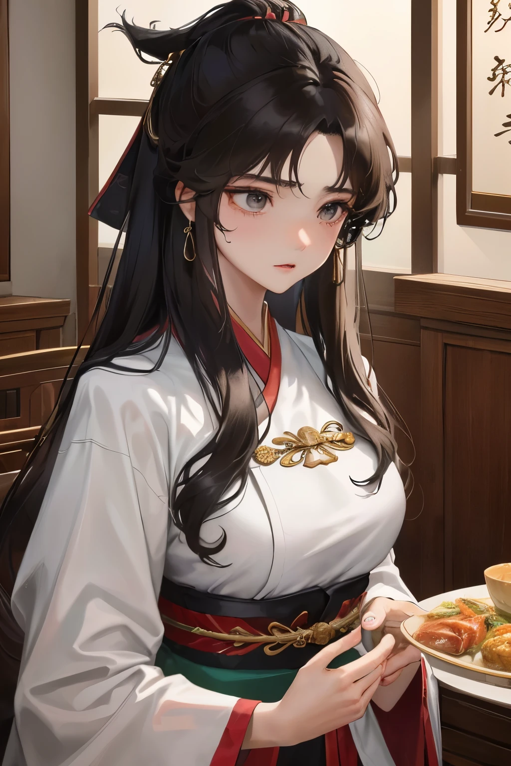 Amidst the bustling atmosphere of a traditional Tang Dynasty restaurant, a 14-year-old girl named Li Mei sits quietly, her prime age adorned in the elegant attire of the ancient Chinese aristocracy. Her long, black hair cascades down her shoulders in loose waves, framing a face that bears the maturity beyond her years. Her large, dark eyes are filled with anguish as she gazes upon her beloved younger brother Xian, who prepares to leave for the border to answer the call to battle.
Xian, with his short, messy black hair and simple, military-grade attire, depends on his sister for support and comfort as