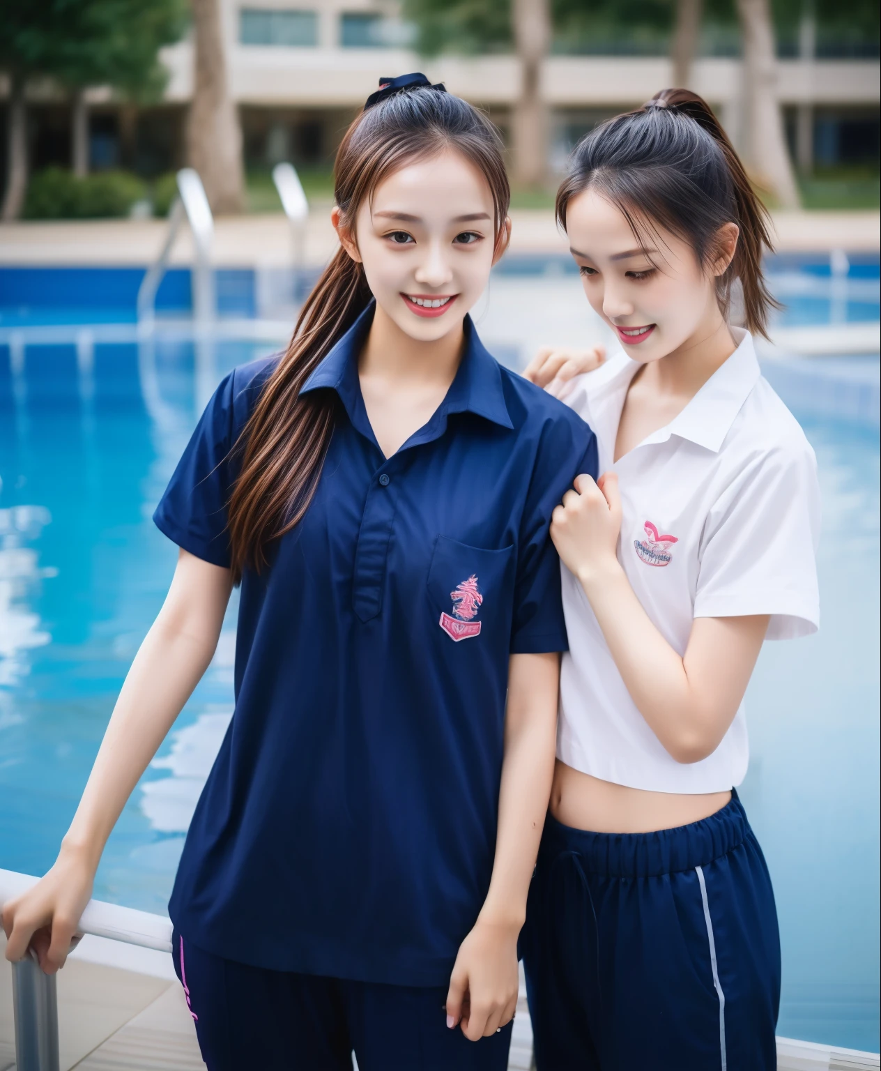 2 girls in the swimming pool, Navy blue short-sleeved shirt,Navy Long Trackpant,Sweatpants, Sweatpantsขายาว,25 year old girl, lesbian, sexy, exercise clothes, wet body