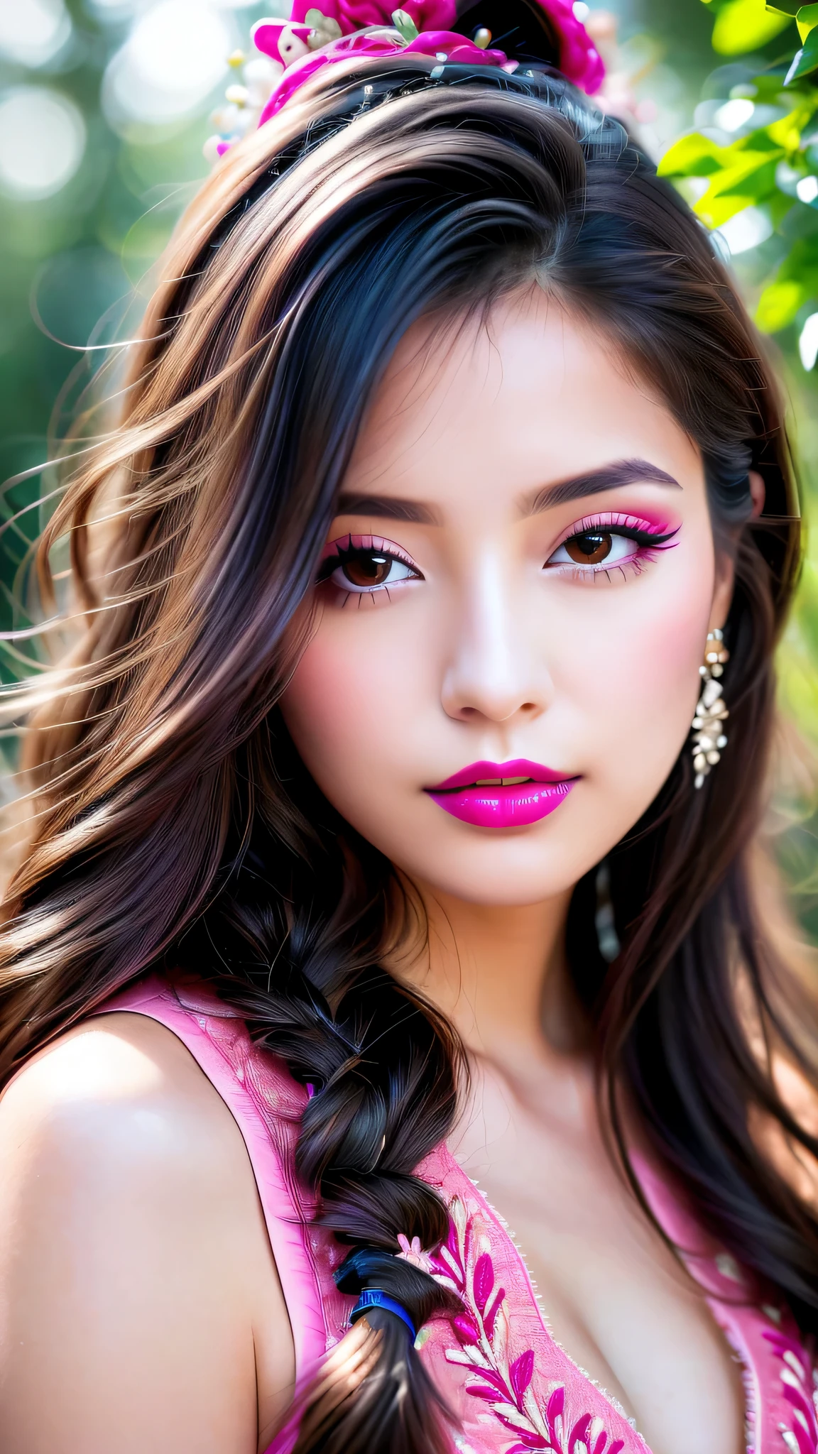 Ultra-realistic、 ultra-detailed primetime portraits、 最high quality、 8K、highest level、 The ultra -The high-definition)、(Super beautiful)、(beautiful face:1.5)、(detailed face:1.5)、(detailed eyes:1.2)、(detailed lip:1.2)、(Detailed nose:1.2)、((cleavage:1.1))、((Use any technique, any style, any outfit, Sew, ((embroider)),choose the color of your eyes, hair and even hairstyles)), ((I encourage you to choose the right background for your phenomenally drawn creation))、 (Use any technique, any style, any outfit, even choose eyes color, ((hair different color than eyes))、 dynamic random fancy hairstyle, whatever and how to do it)、 1girl:1.4 17years old、fashion supermodel、real:1.7、photorealistic:1.7、(very delicate and beautiful、fine details:1.3)、(masterpiece)、 最high quality、 (high quality)、 (absurdres)、 (sharp fous)、(Glamour, paparazzi taking pictures of her)、 contrast、 (dark shot:1.12)、 Long 2blue_eyelashes:1.25、 (dark_eyeshadows:1.35)、 red_lipstick:1.35、((perfect round eyes))、 (dark_pink_makeup:1.24)、(matte skin:1.2)、 ((upper body shot))