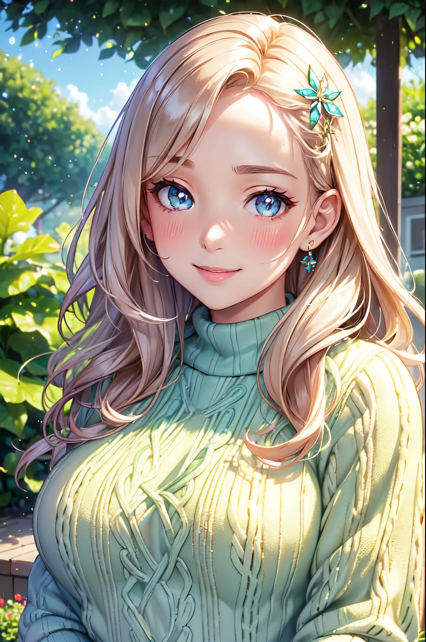 (High quality, High resolution, Fine details), fresh and vibrant garden background, (wearing a Nordic pattern sweater), colorful and trendy fashion, solo, curvy women, soft wavy hair, sparkling eyes, (Detailed eyes:1.2), smile, blush, Sweat, Oily skin, shallow depth of field, soft natural light