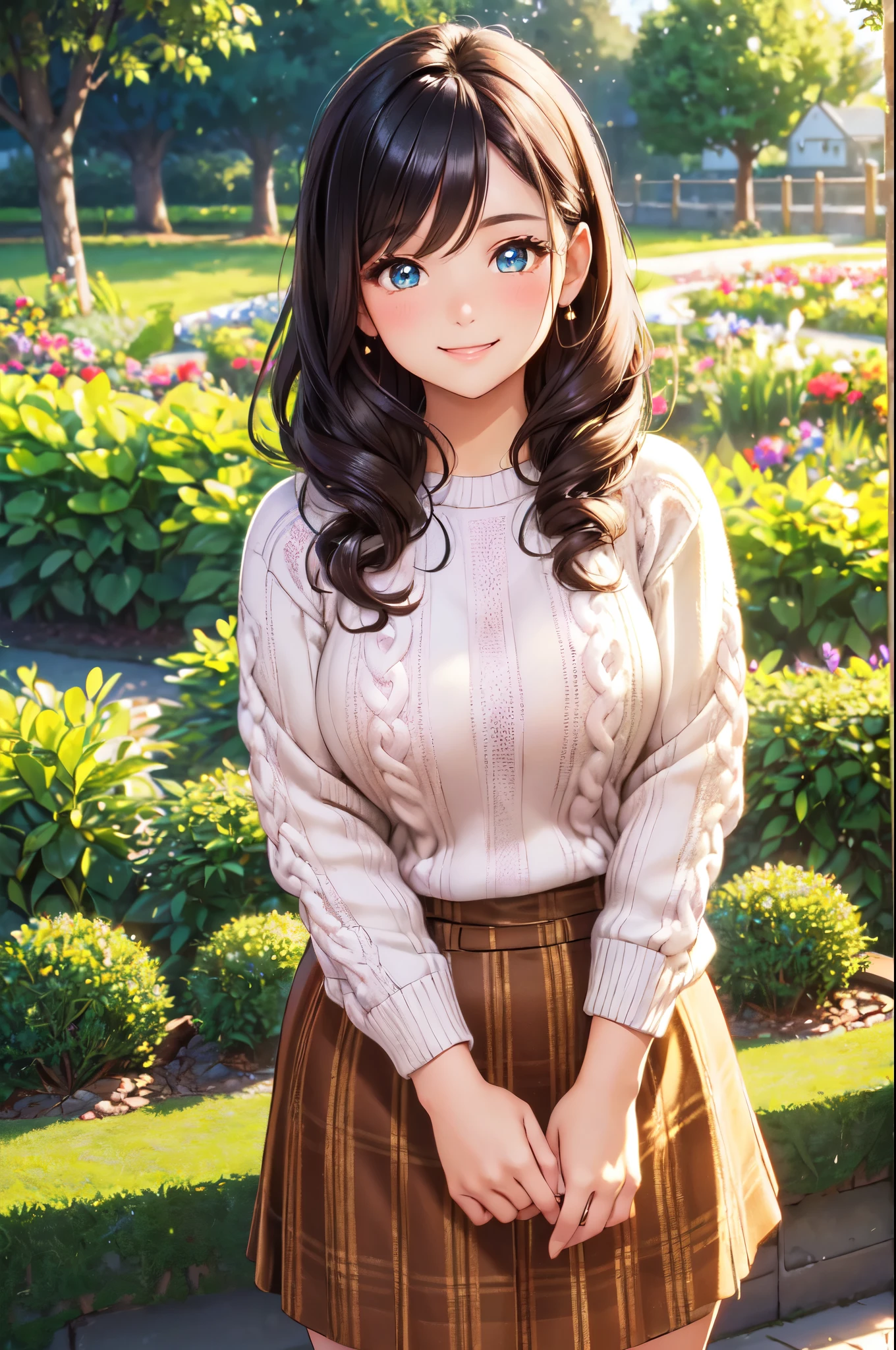 (High quality, High resolution, Fine details), fresh and vibrant garden background, (wearing a Nordic pattern sweater), colorful and trendy fashion, Brown skirt, solo, curvy women, black hair, soft wavy hair, sparkling eyes, (Detailed eyes:1.2), smile, blush, Oily skin, shallow depth of field, soft natural light
